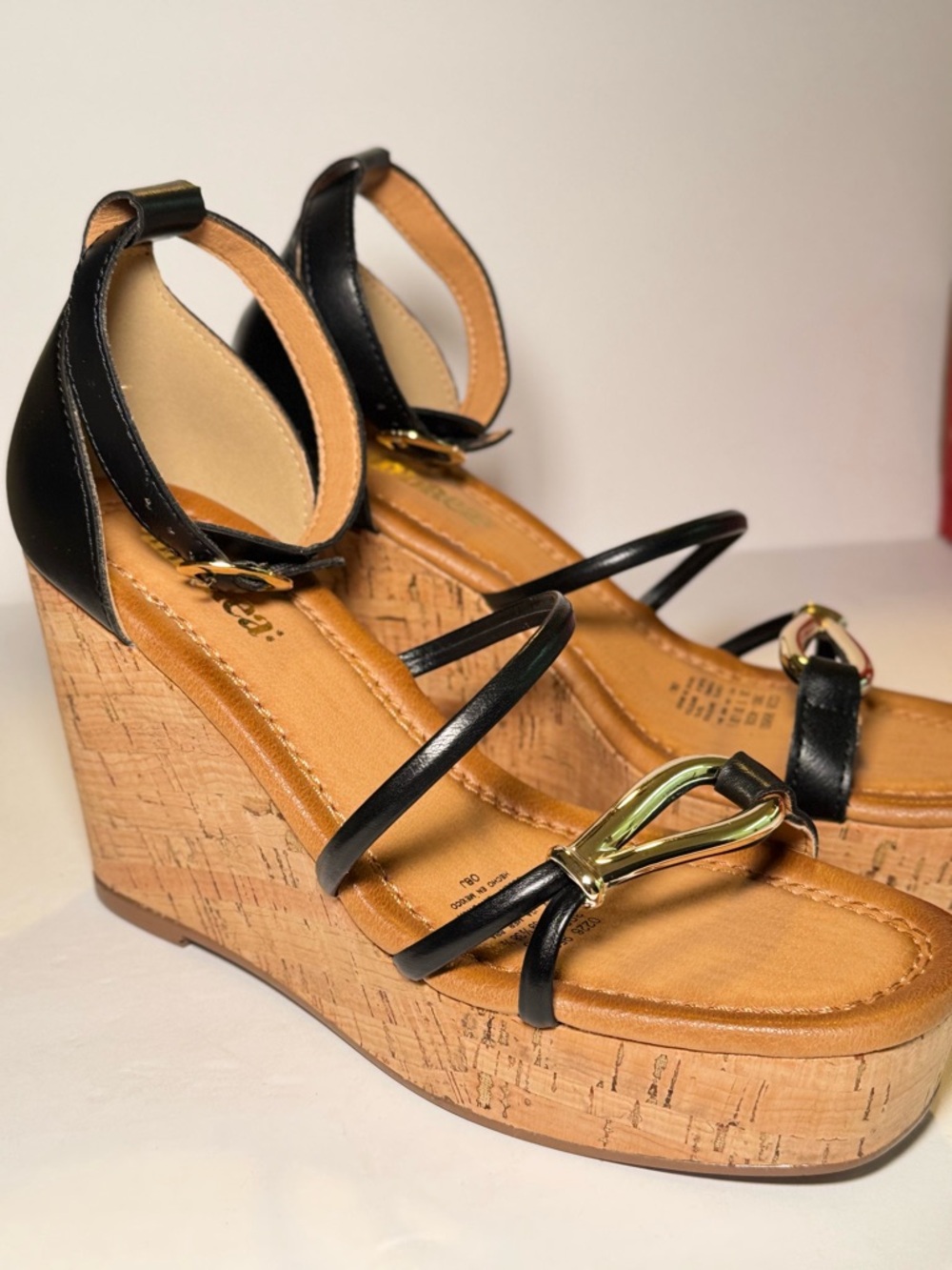 Black Leather Strappy Cork Wedge Sandals